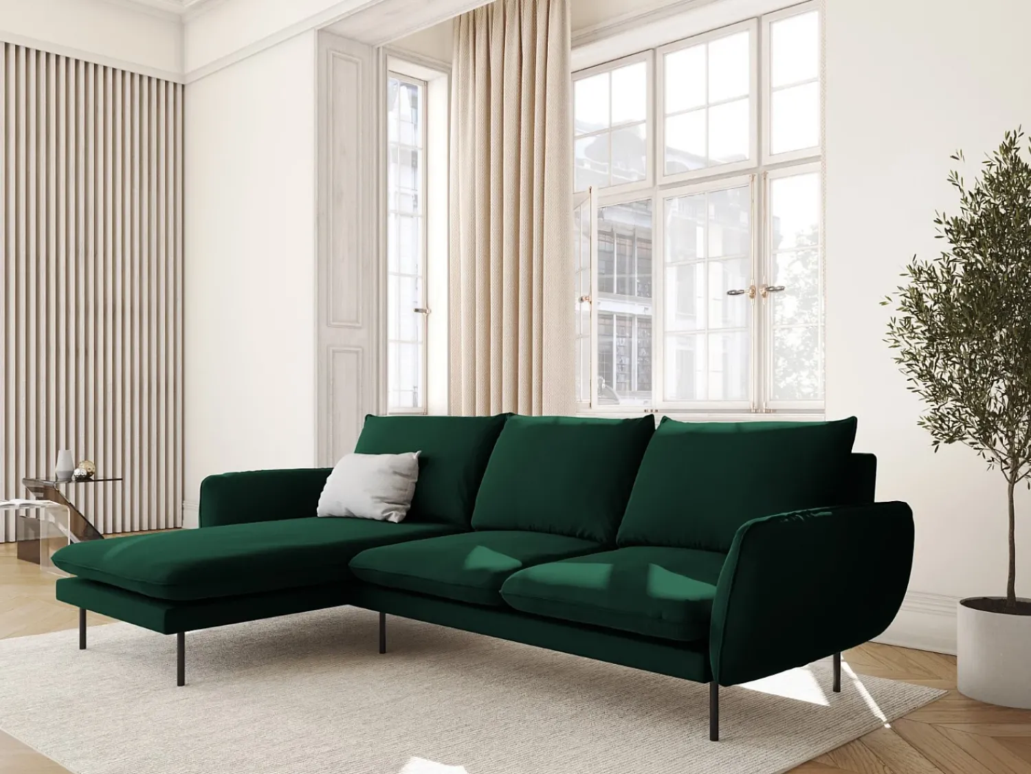 Cosmopolitan Design - Sofá de canto esquerdo "Vienna" 5 lugares em veludo verde garrafa - 255x170x95cm Verde pinho