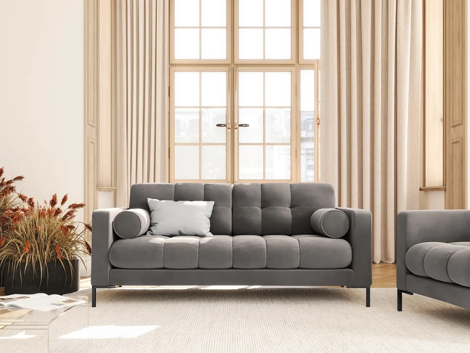 Cosmopolitan Design - Sofá "Bali" 2 lugares em veludo cinza claro - 152x92x75cm Cinzento claro