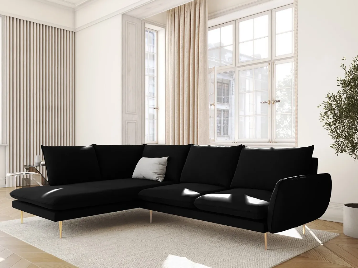 Cosmopolitan Design - Sofá de canto esquerdo "Vienna" 6 lugares em veludo - 275x185x95cm Preto