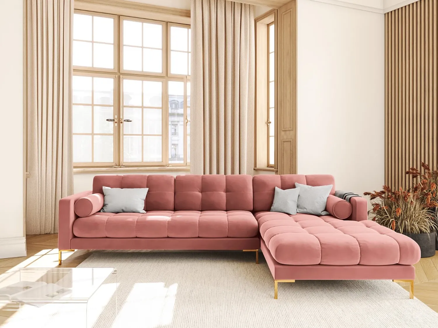 Cosmopolitan Design - Sofá de canto direito "Bali" 5 lugares em veludo - 293x185x75cm^ Sofá