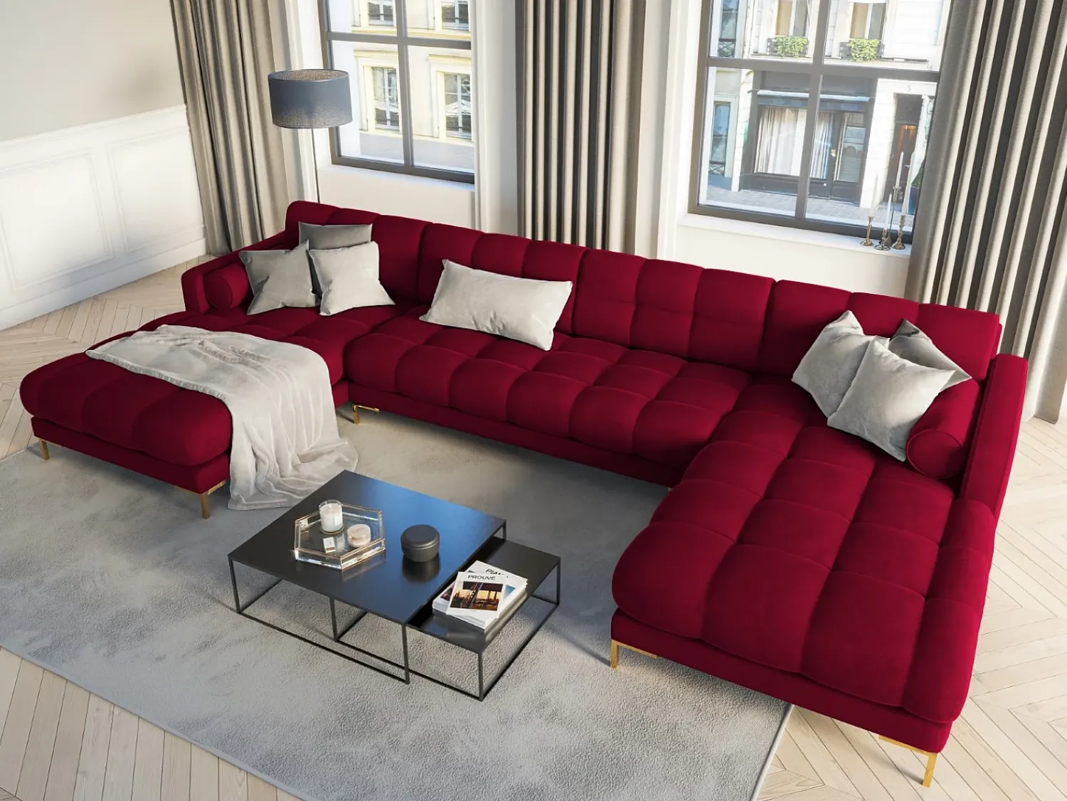 Discount Cosmopolitan Design - Sofá panorâmico "Bali" 7 lugares em veludo - 383x185x75cm Vermelho