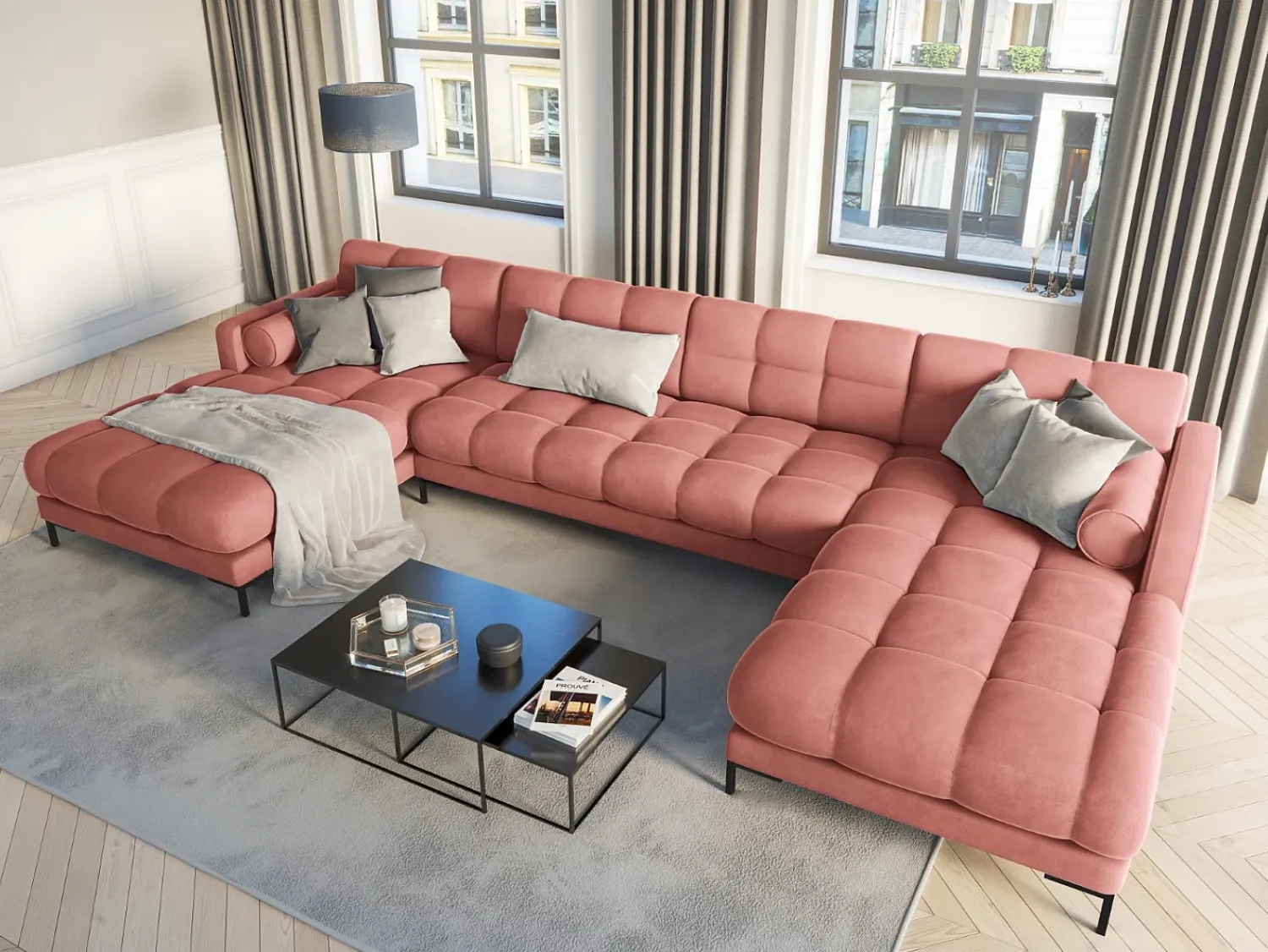 Cosmopolitan Design - Sofá panorâmico "Bali" 7 lugares em veludo - 383x185x75cm^ Sofá
