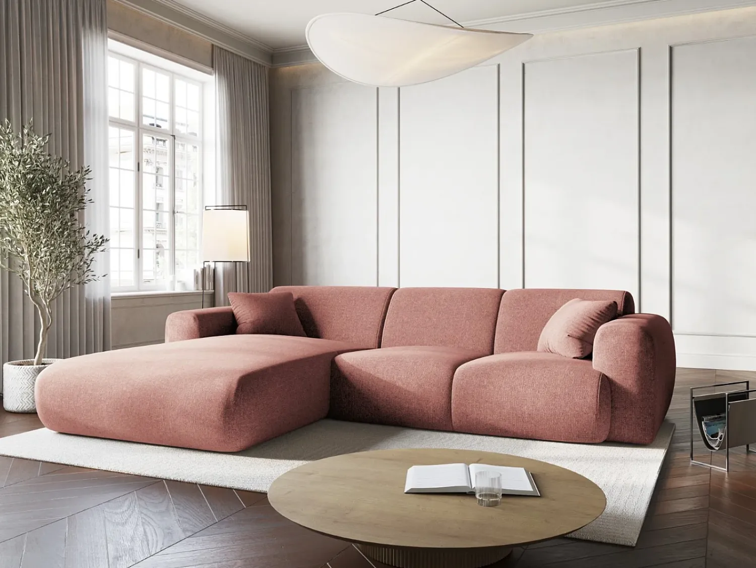 Sofá*Cosmopolitan Design - Sofá de canto esquerdo "Nolio" 4 lugares em tecido chenille - 260x170x72cm Rosa