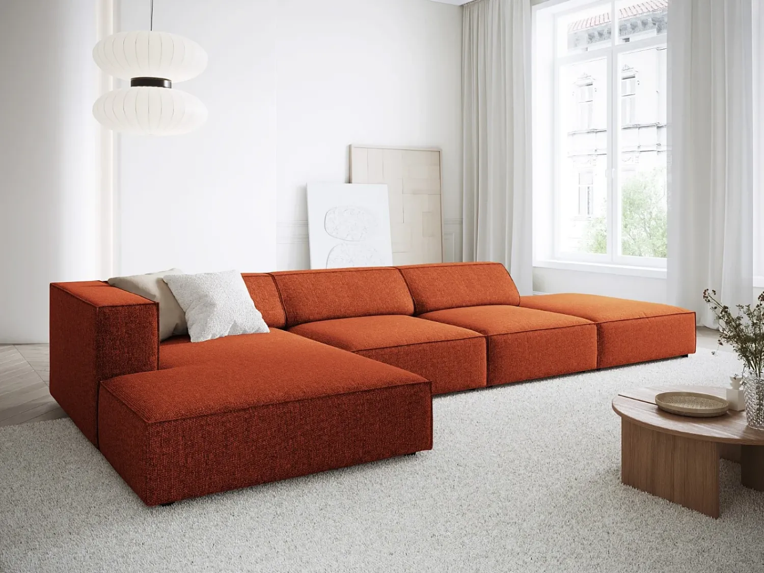 Sofá*Cosmopolitan Design - Sofá de canto esquerdo "Arendal" 5 lugares em tecido chenille - 341x166x70cm Terracota