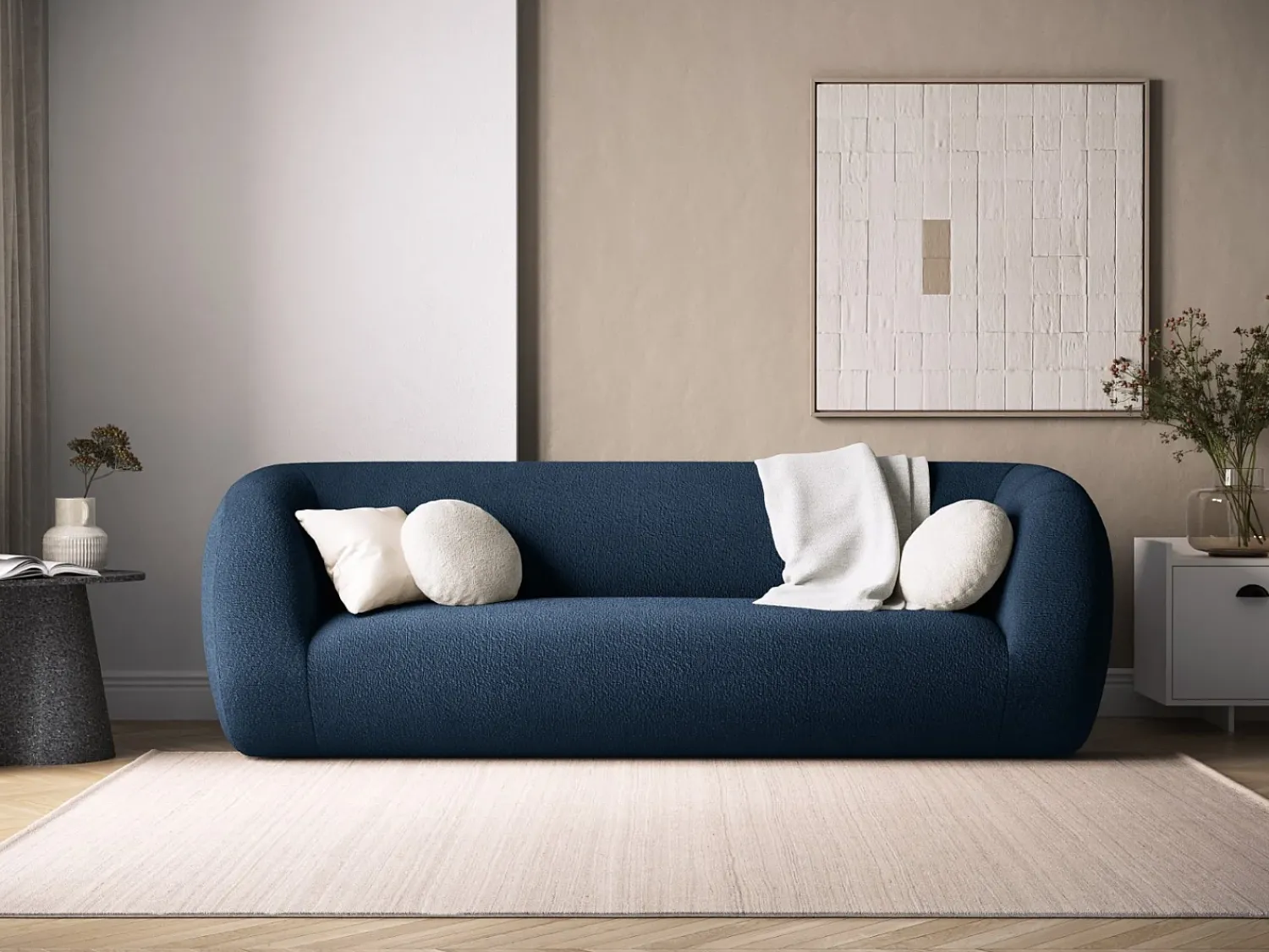 Sofá|Cosmopolitan Design - Sofá "Essen" 3 lugares em tecido bouclé - 230x95x86cm Azul escuro