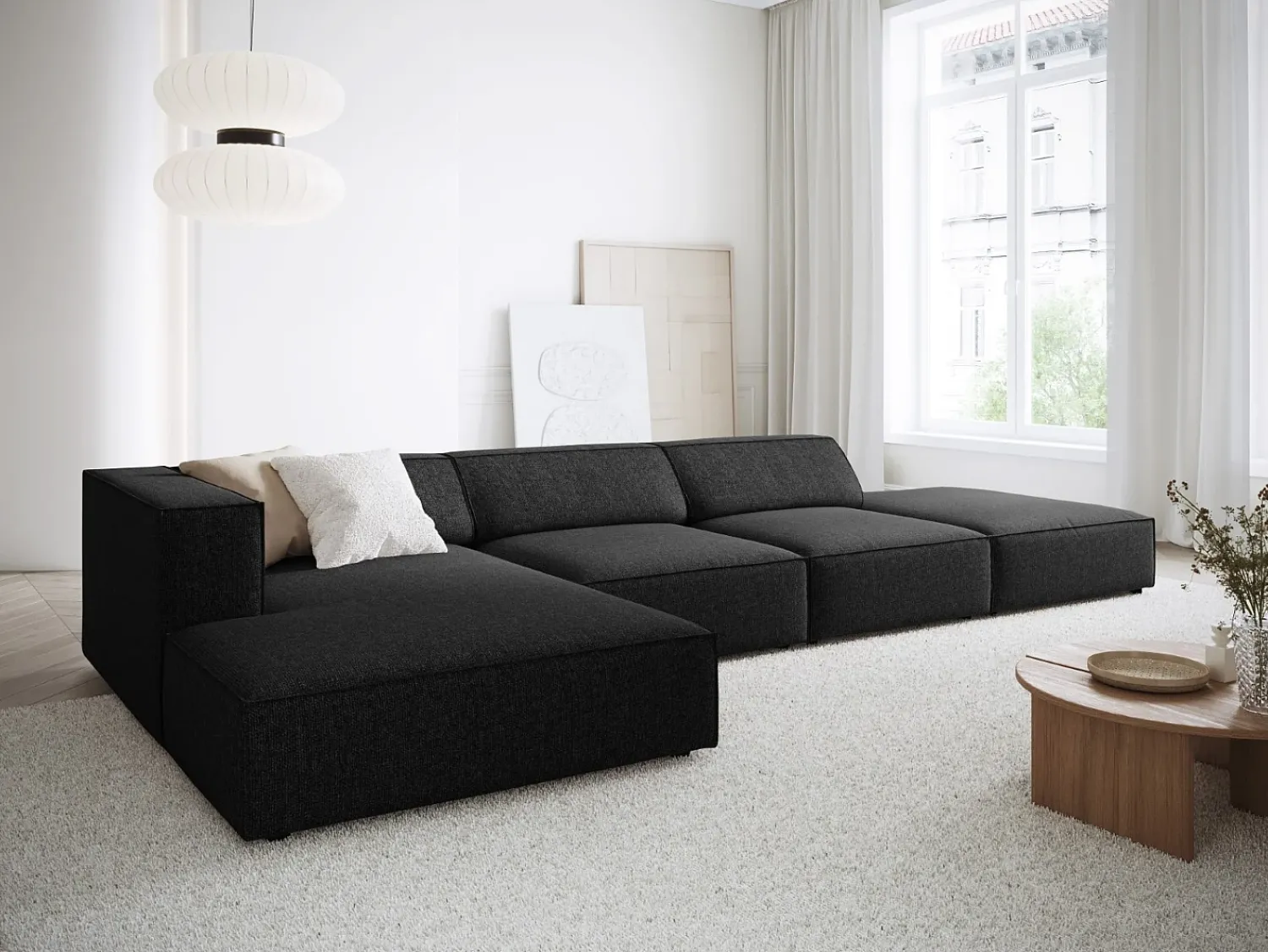 Sofá|Cosmopolitan Design - Sofá de canto esquerdo "Arendal" 5 lugares em tecido chenille - 341x166x70cm Preto