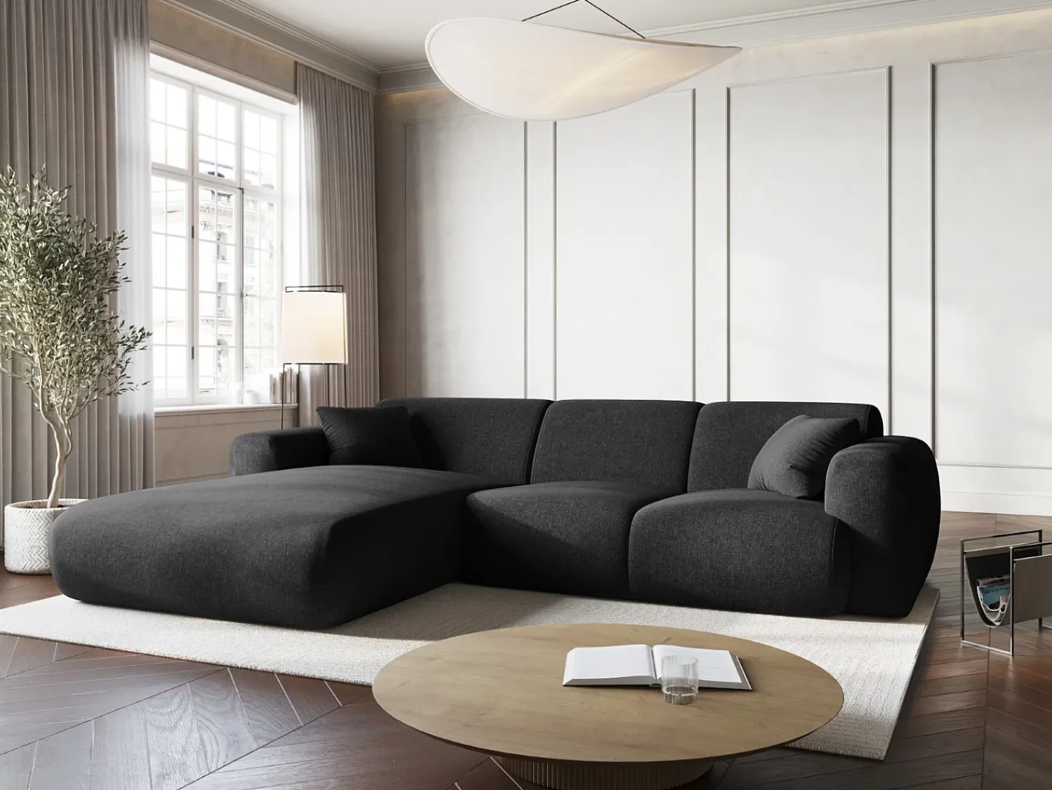 Sofá|Cosmopolitan Design - Sofá de canto esquerdo "Nolio" 4 lugares em tecido chenille - 260x170x72cm Preto