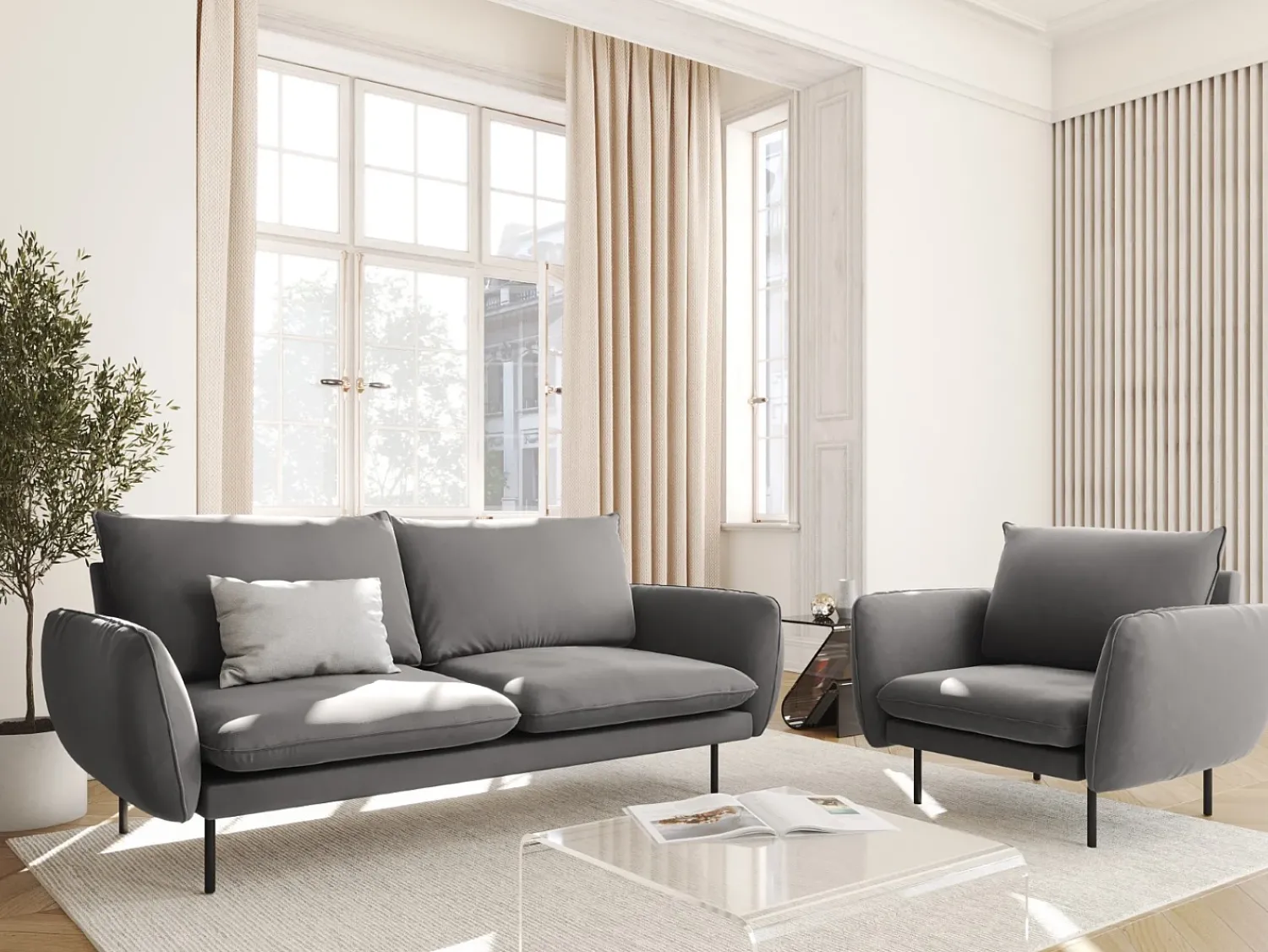 Sofá|Cosmopolitan Design - Sofá "Vienna" 2 lugares em veludo cinza claro - 160x92x95cm Cinzento claro