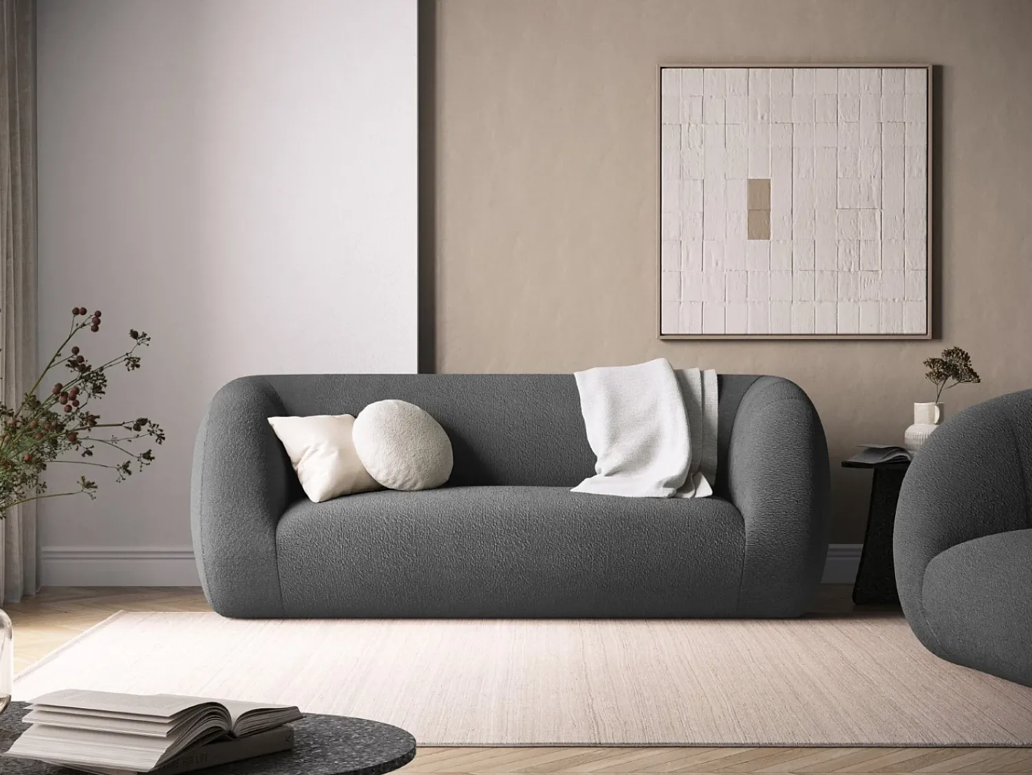 Cosmopolitan Design - Sofá "Essen" 2 lugares em tecido bouclé cinza escuro - 210x95x86cm^ Sofá