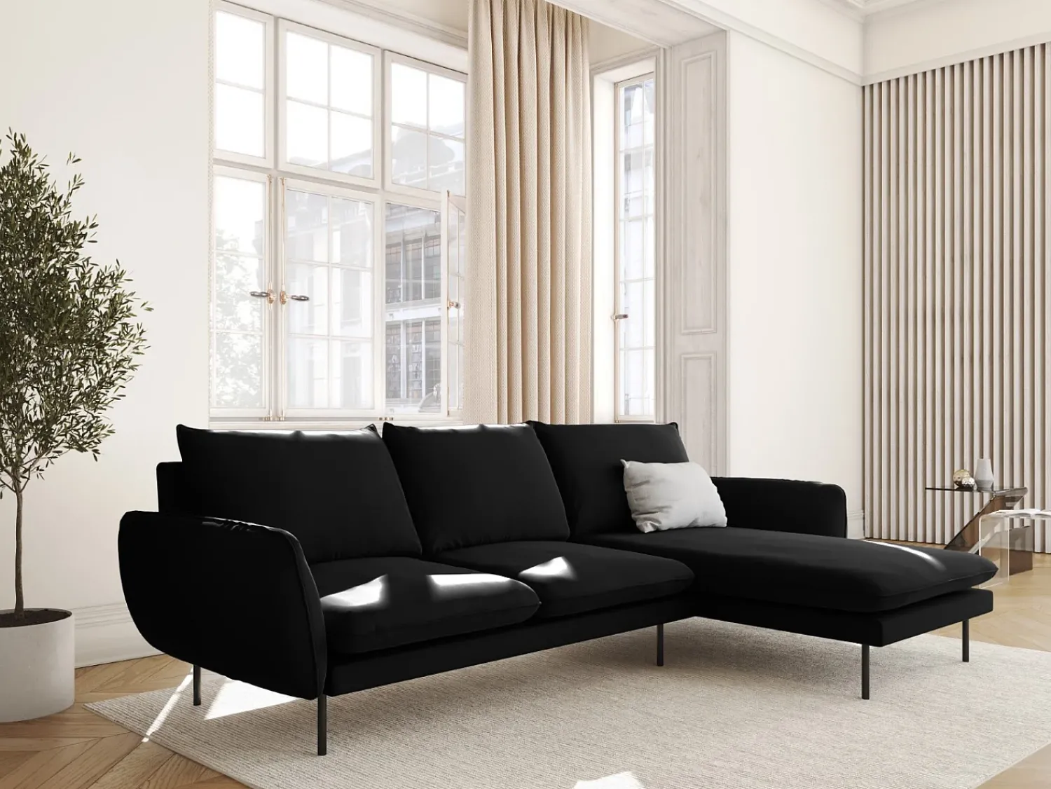 Outlet Cosmopolitan Design - Sofá de canto direito "Vienna" 5 lugares em veludo - 255x170x95cm Preto