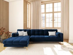 New Cosmopolitan Design - Sofá de canto esquerdo "Bali" 5 lugares em veludo azul real - 293x185x75cm Azul escuro