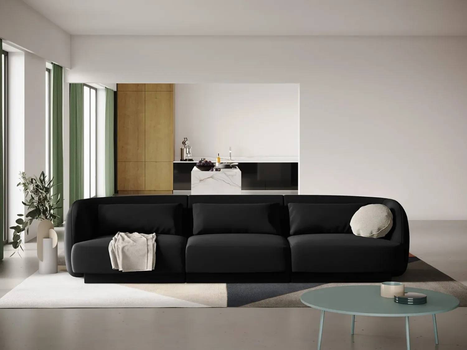 Sofá|Cosmopolitan Design - Sofá "Tulum" 3 lugares em veludo - 255x90x70cm Preto