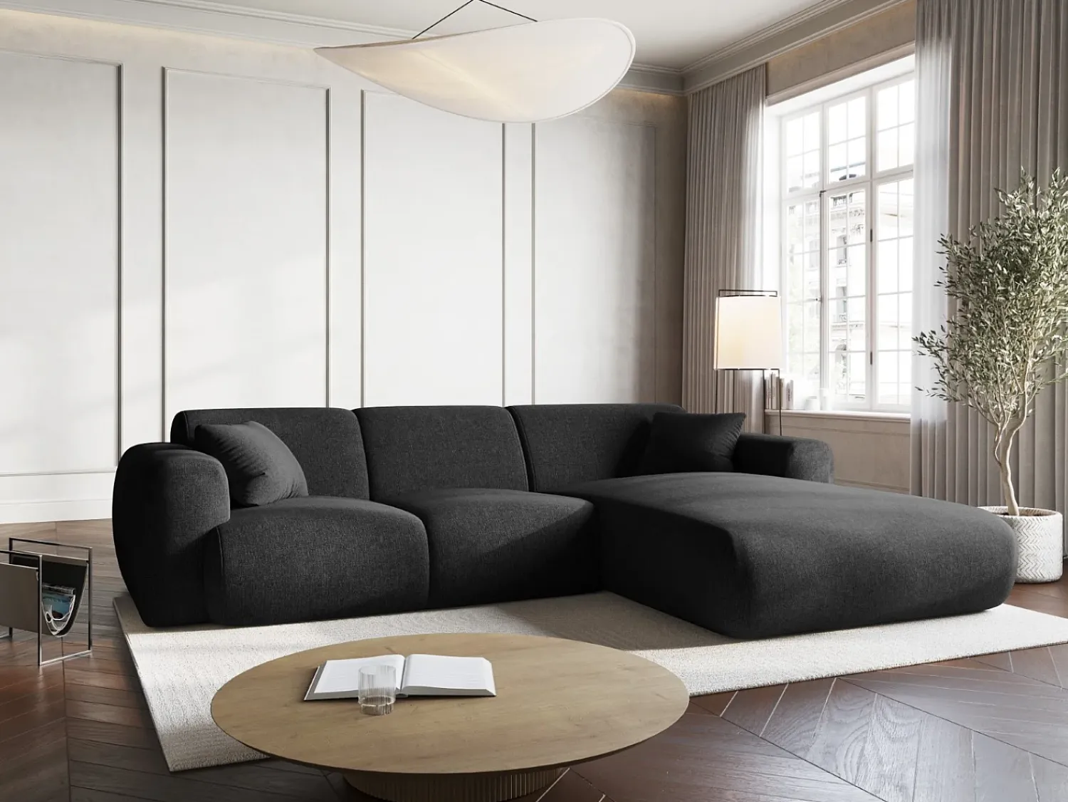 Sofá|Cosmopolitan Design - Sofá de canto direito "Nolio" 4 lugares em tecido chenille - 260x170x72cm Preto