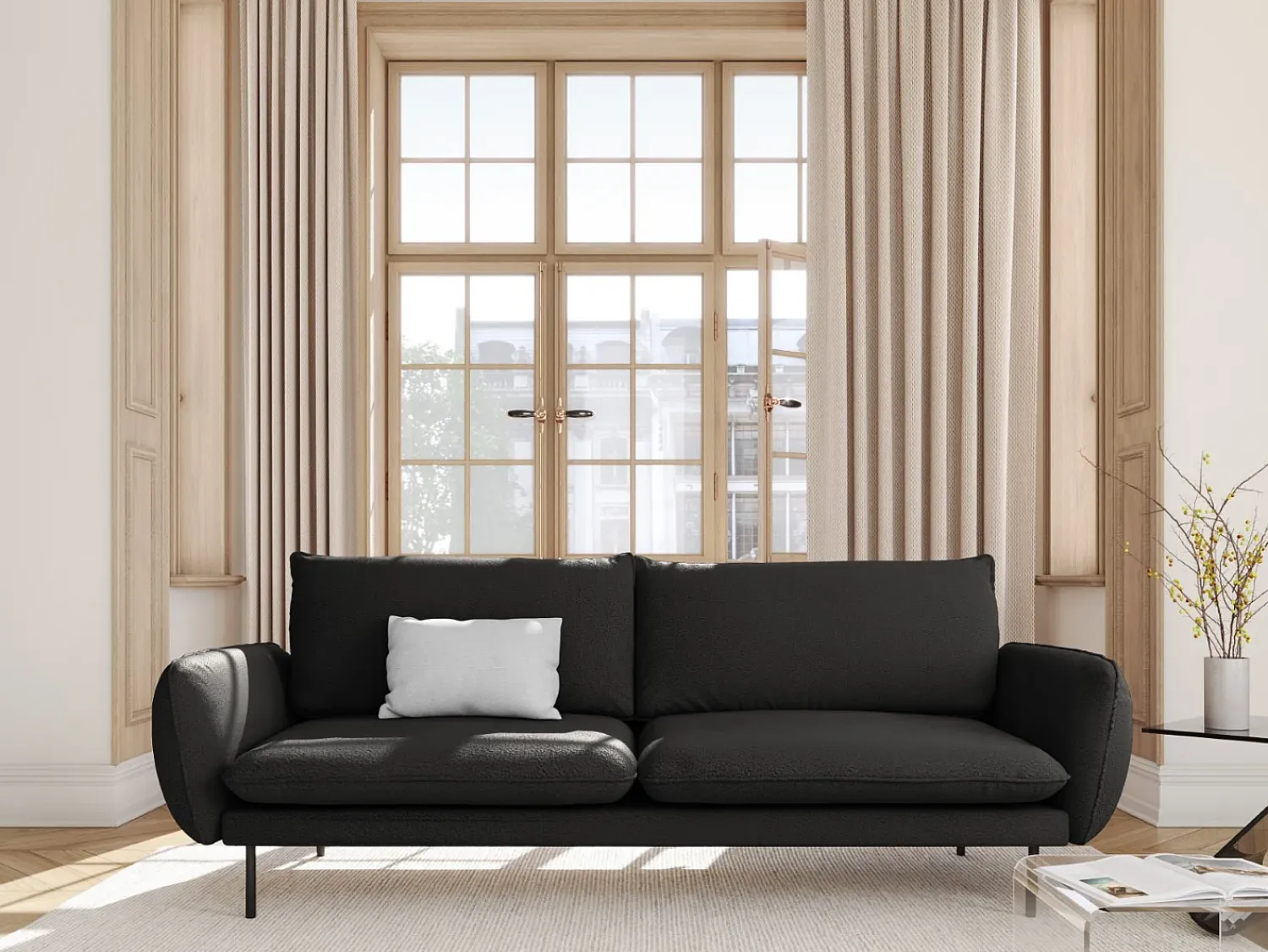 Cosmopolitan Design - Sofá "Vienna" 4 lugares em tecido bouclé - 230x92x95cm Preto