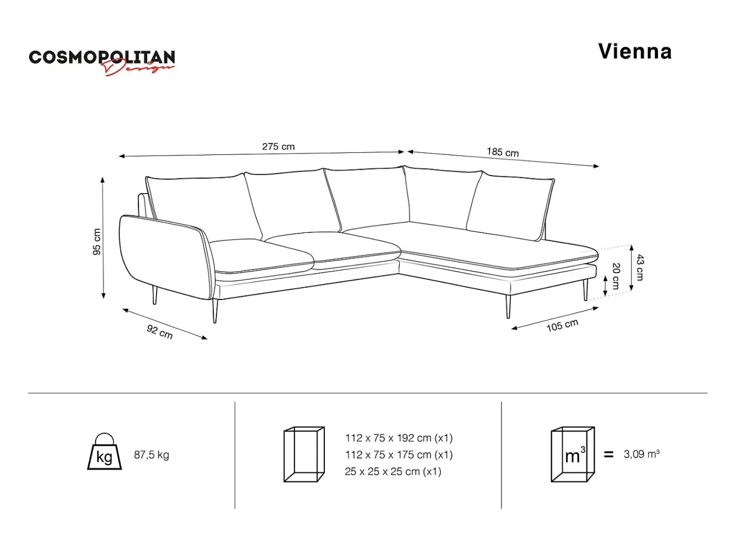 Cosmopolitan Design - Sofá de canto direito "Vienna" 6 lugares em tecido estrutural cinza claro - 275x185x95cm^ Sofá