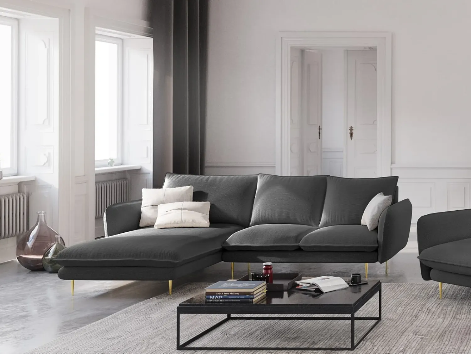 Sofá*Cosmopolitan Design - Sofá de canto esquerdo "Vienna" 5 lugares em tecido estrutural cinza escuro - 255x170x95cm Cinza antracite