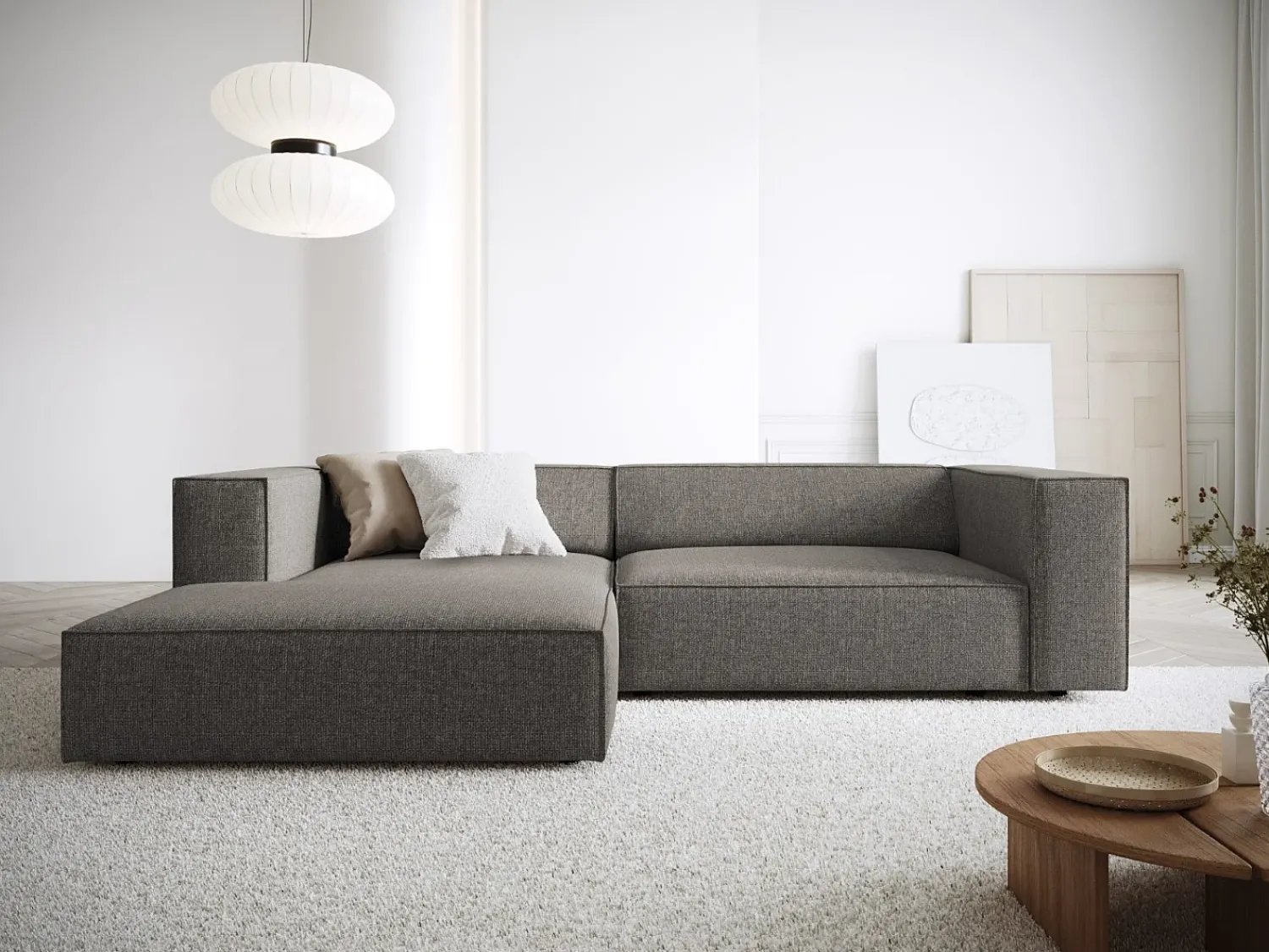 Sofá*Cosmopolitan Design - Sofá de canto esquerdo "Arendal" 3 lugares em tecido chenille cinza - 224x166x70cm Cinzento