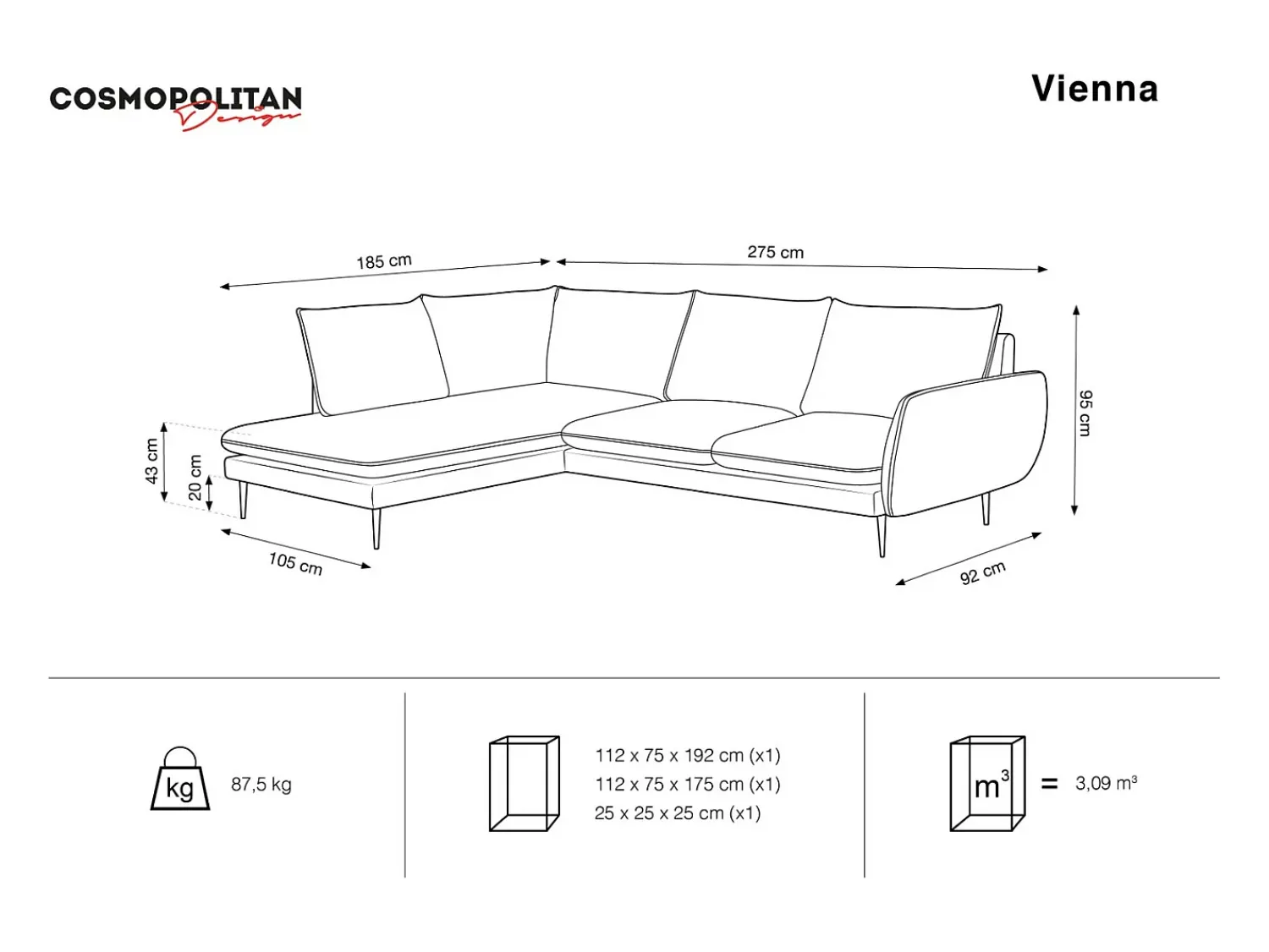 Sofá|Cosmopolitan Design - Sofá de canto esquerdo "Vienna" 6 lugares em tecido estrutural - 275x185x95cm Bege