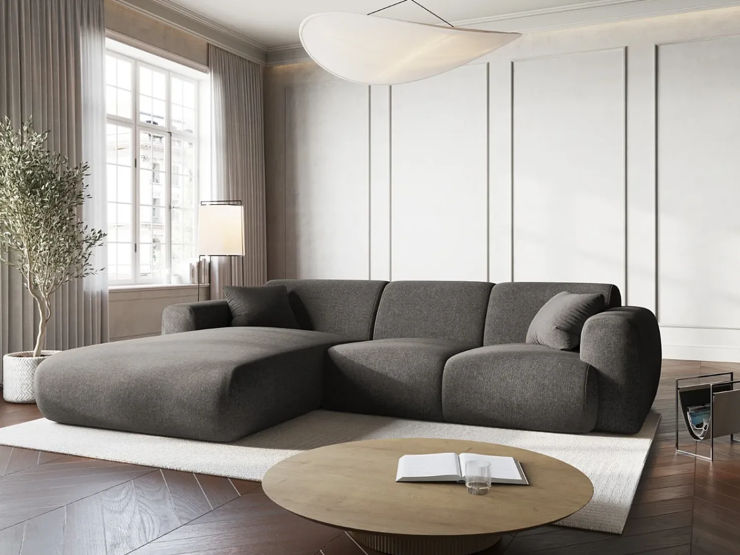 Sofá*Cosmopolitan Design - Sofá de canto esquerdo "Nolio" 4 lugares em tecido chenille cinza - 260x170x72cm Cinzento