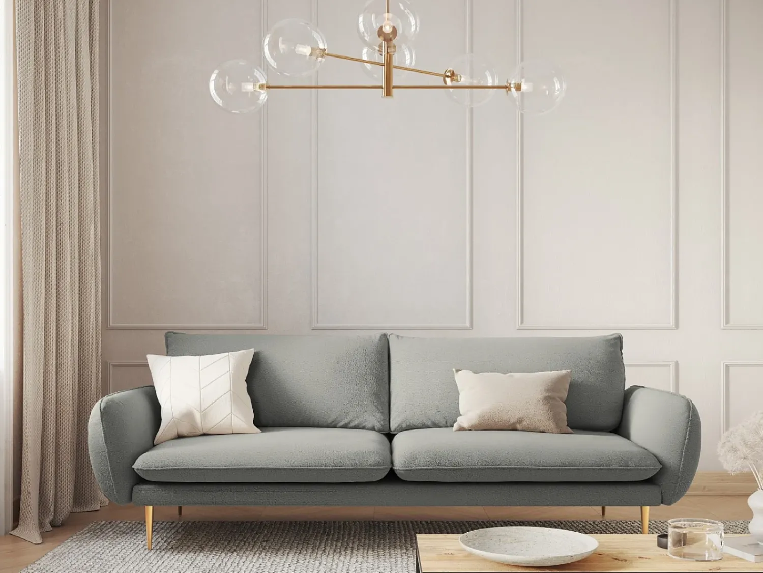 Sofá|Cosmopolitan Design - Sofá "Vienna" 4 lugares em tecido bouclé cinza - 230x92x95cm Cinzento