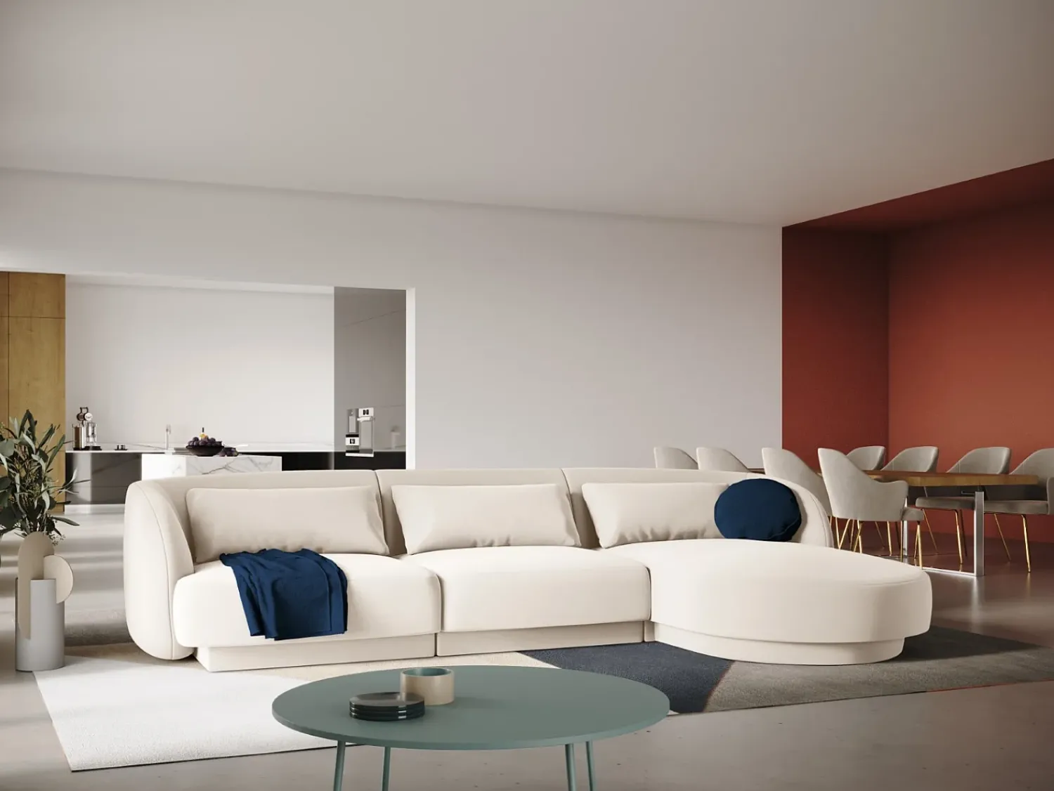 Sofá|Cosmopolitan Design - Sofá de canto direito "Tulum" 4 lugares em veludo claro - 255x156x70cm Bege