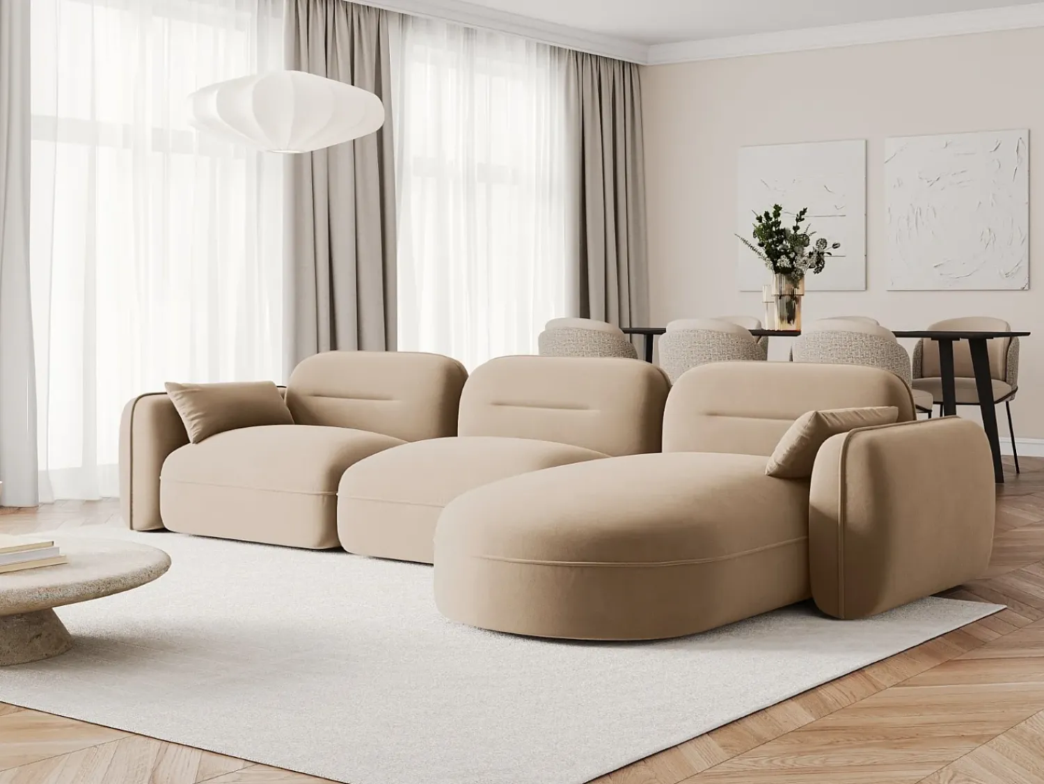 Clearance Cosmopolitan Design - Sofá modular de canto direito "Sydney" 4 lugares em veludo areia - 320x165x70cm Camel