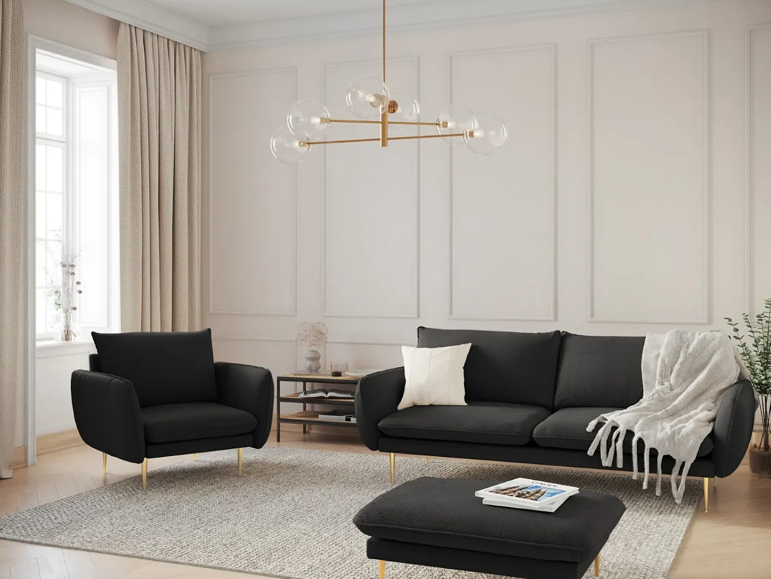 Sofá*Cosmopolitan Design - Sofá "Vienna" 3 lugares em tecido bouclé - 200x92x95cm Preto