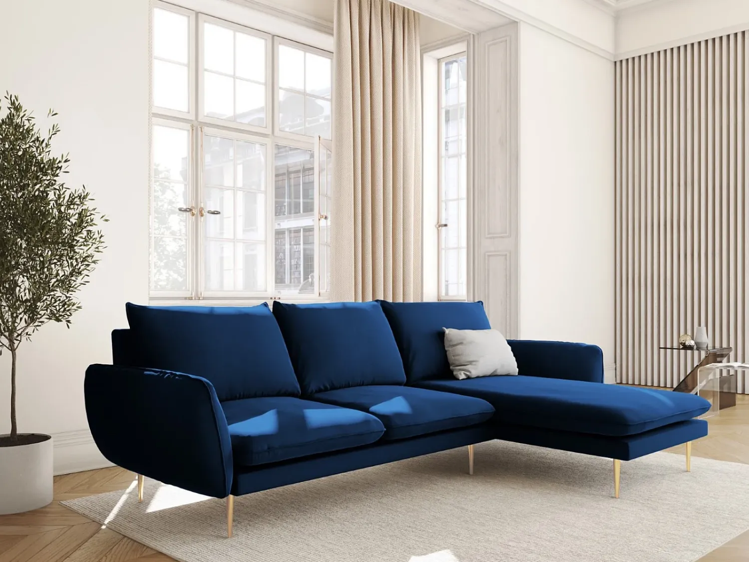 Sofá|Cosmopolitan Design - Sofá de canto direito "Vienna" 5 lugares em veludo azul real - 255x170x95cm Azul escuro
