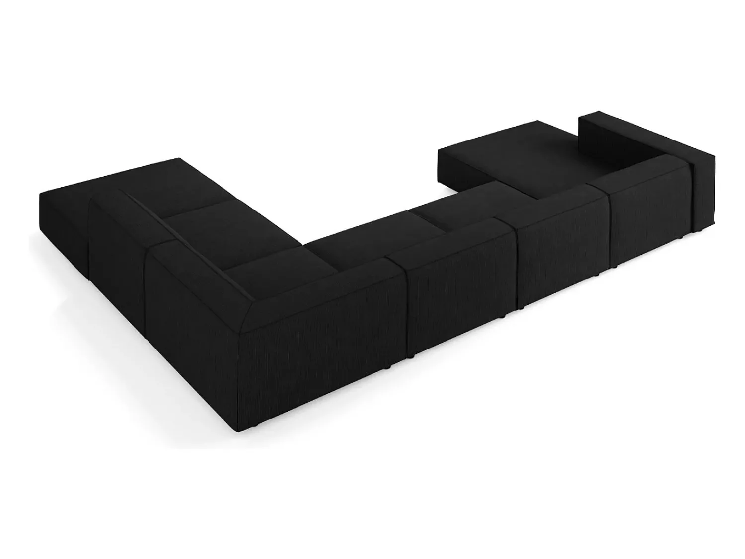 Sofá*Cosmopolitan Design - Sofá de canto direito panorâmico "Arendal" 7 lugares em tecido chenille com efeito canelado - 364x262x70cm Preto