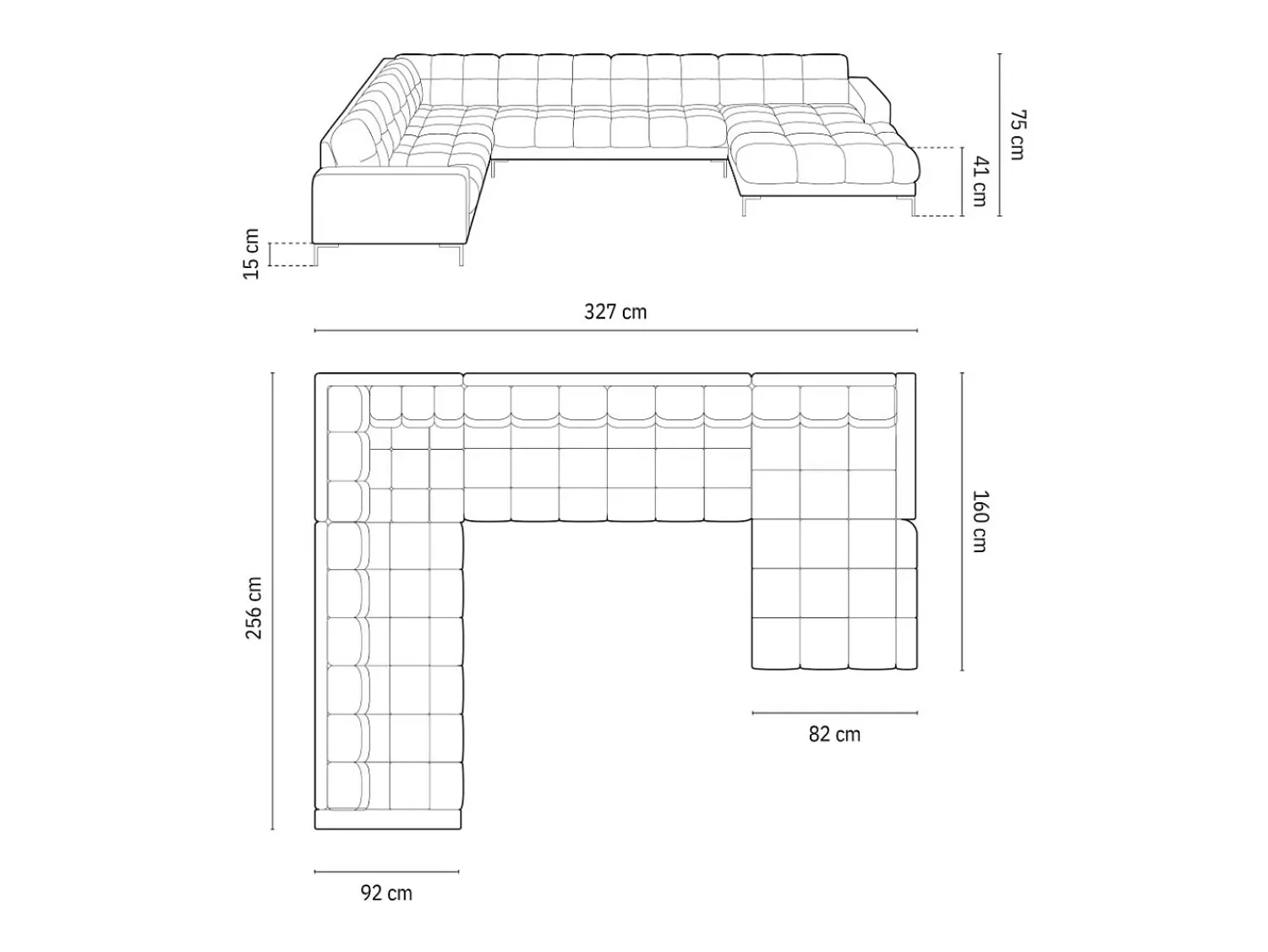 Sofá|Cosmopolitan Design - Sofá de canto panorâmico à esquerda "Bali" 7 lugares em tecido estrutural claro - 327x256x75cm Bege