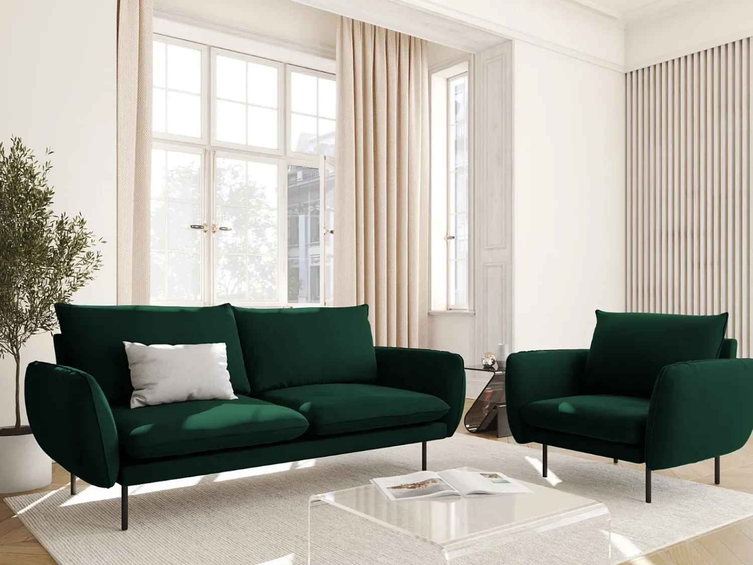 Sofá|Cosmopolitan Design - Sofá "Vienna" 2 lugares em veludo verde garrafa - 160x92x95cm Verde pinho