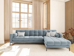 New Cosmopolitan Design - Sofá de canto direito "Bali" 5 lugares em veludo - 293x185x75cm Azul claro