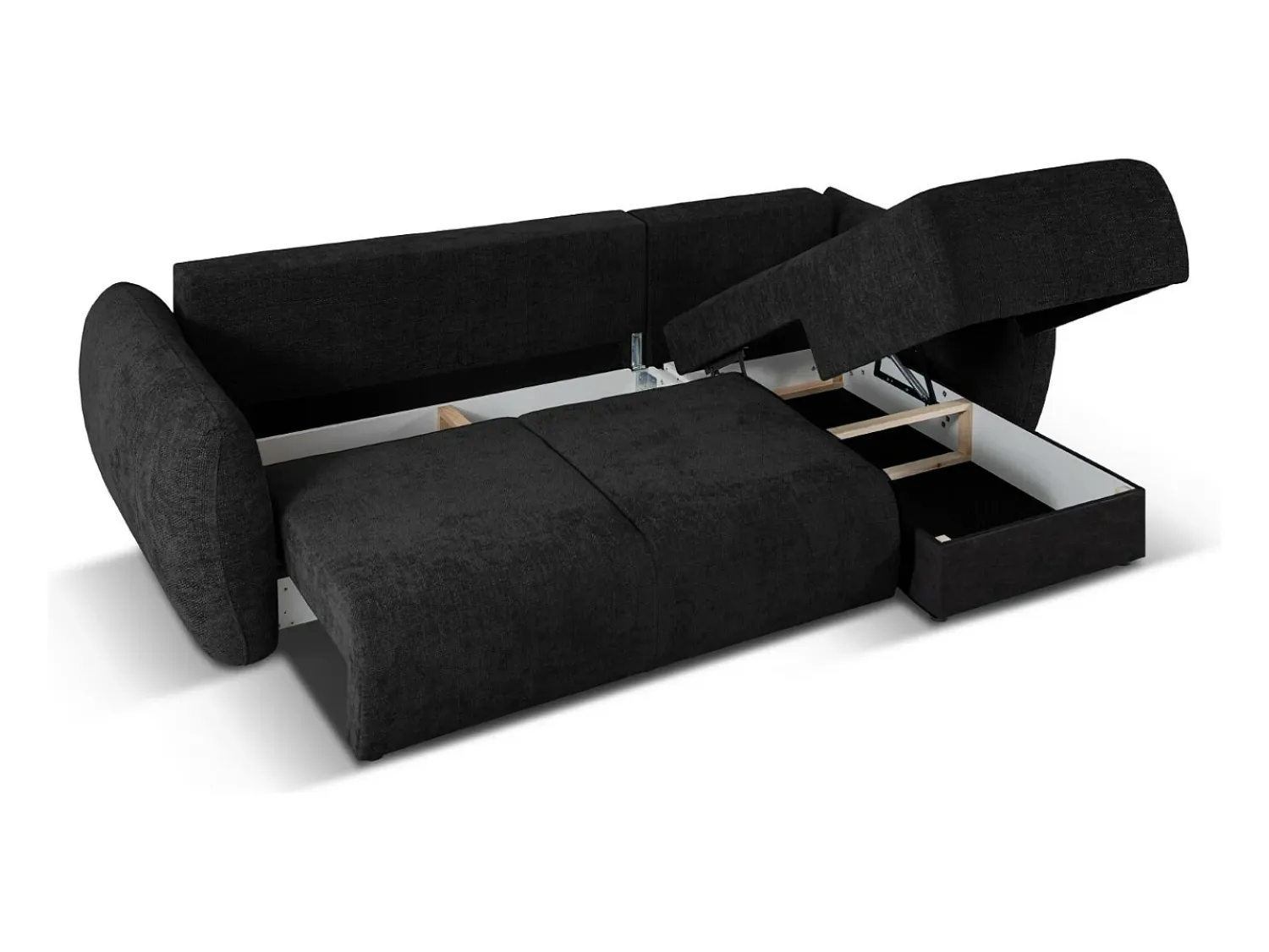 Sofá|Cosmopolitan Design - Sofá convertível de canto direito com caixa de arrumação "Matera" 4 lugares em tecido chenille - 253x173x86cm Preto