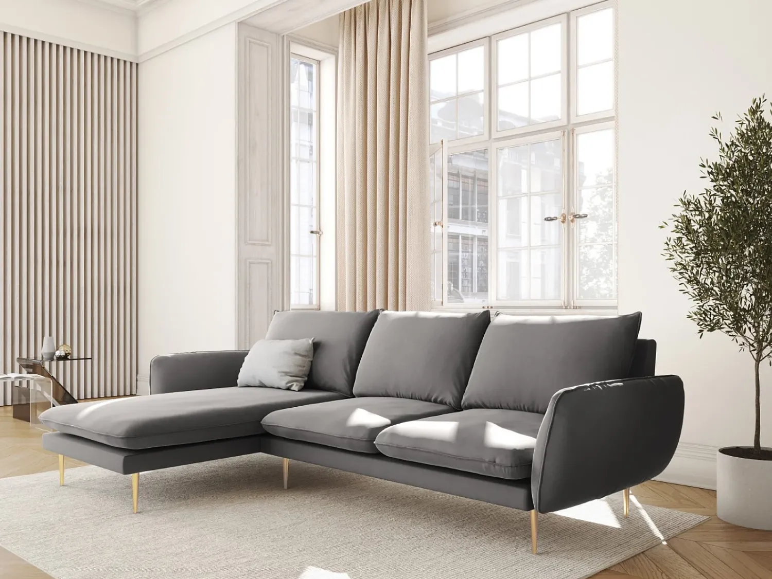 Sofá*Cosmopolitan Design - Sofá de canto esquerdo "Vienna" 5 lugares em veludo cinza claro - 255x170x95cm Cinzento claro