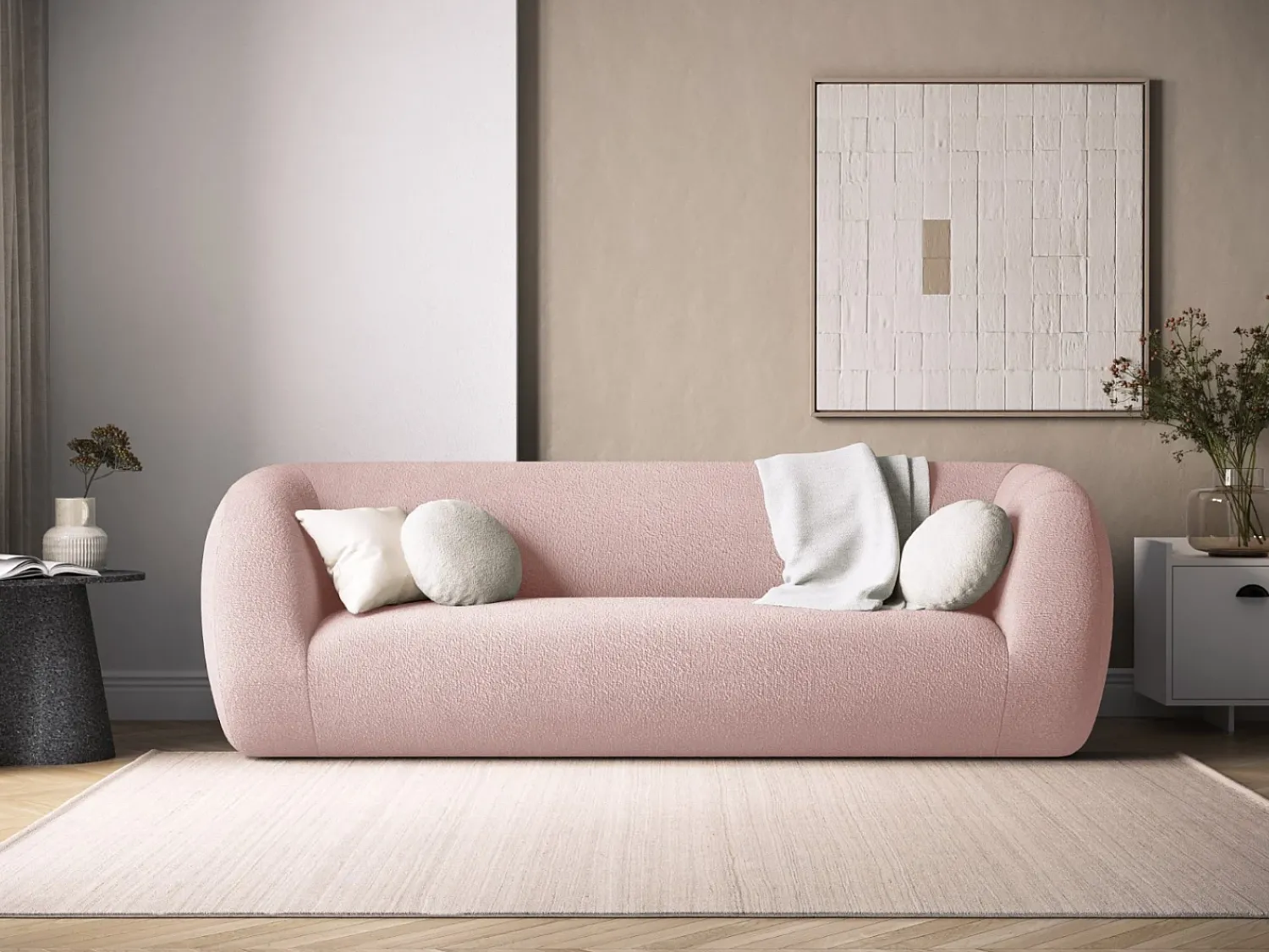 Cosmopolitan Design - Sofá "Essen" 3 lugares em tecido bouclé rosa pálido - 230x95x86cm^ Sofá