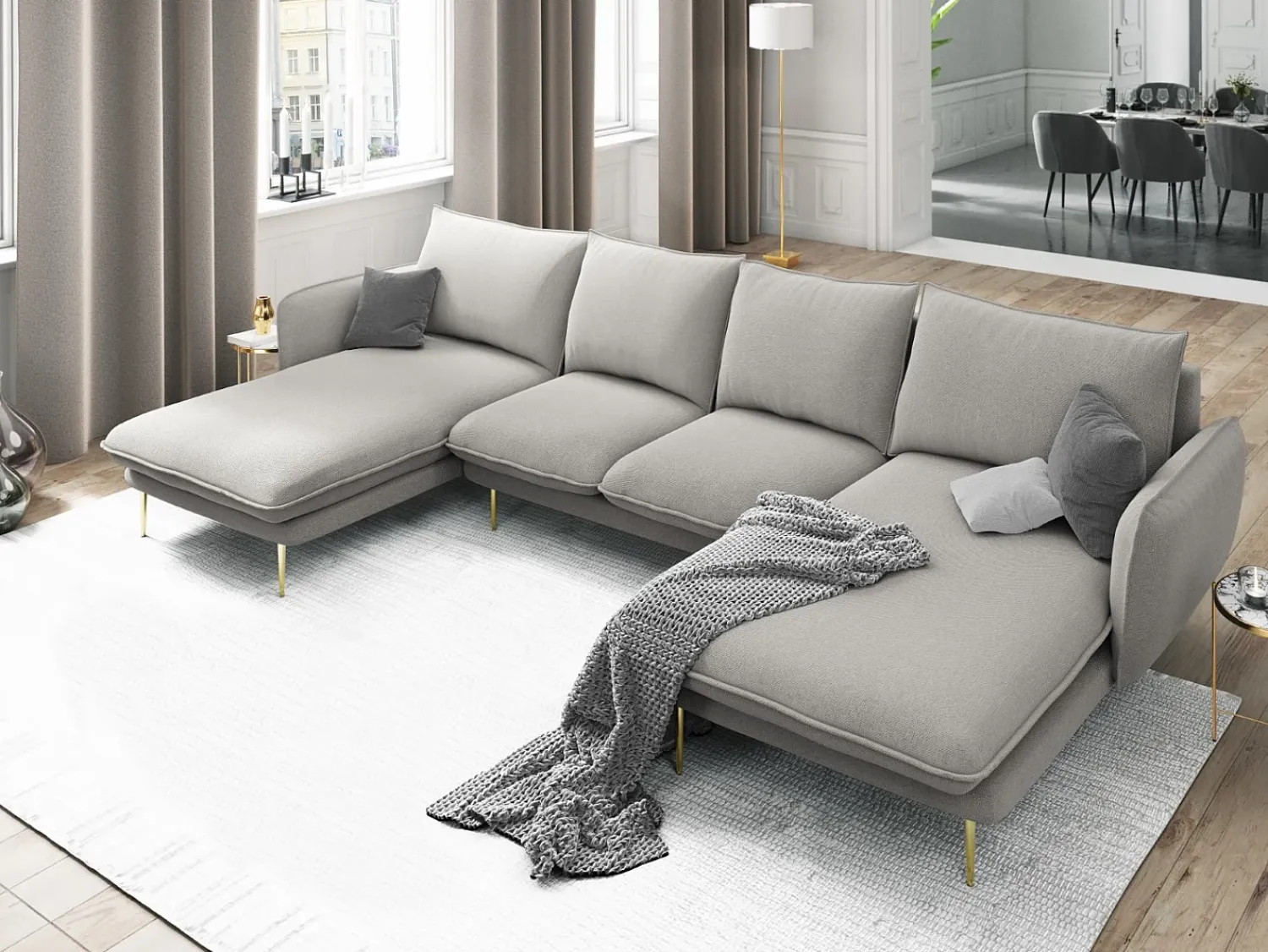 Cosmopolitan Design - Sofá panorâmico "Vienna" 6 lugares em tecido estrutural cinza claro - 350x170x95cm^ Sofá