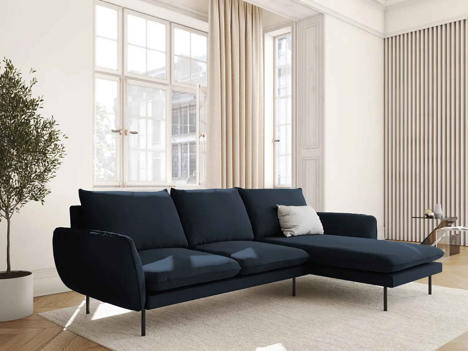 Sofá|Cosmopolitan Design - Sofá de canto direito "Vienna" 5 lugares em veludo - 255x170x95cm Azul escuro