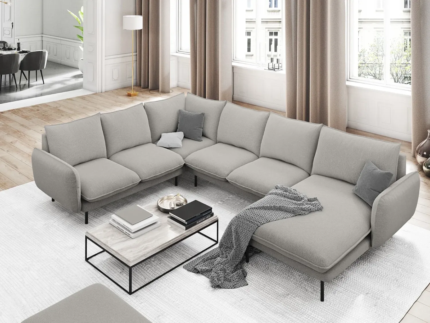 Sofá*Cosmopolitan Design - Sofá de canto panorâmico à esquerda "Vienna" 7 lugares em tecido estrutural cinza claro - 330x235x95cm Cinzento claro