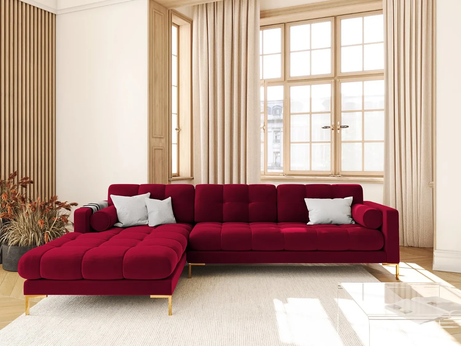 Sofá|Cosmopolitan Design - Sofá de canto esquerdo "Bali" 5 lugares em veludo - 293x185x75cm Vermelho