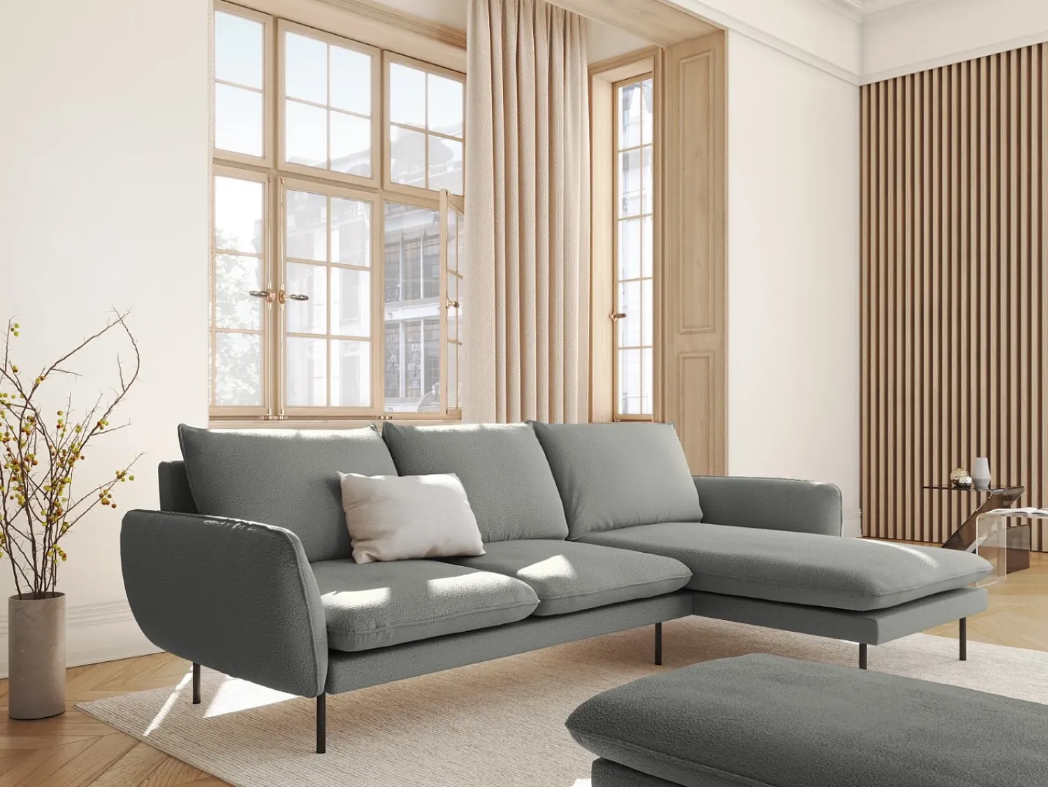 Sofá|Cosmopolitan Design - Sofá de canto direito "Vienna" 5 lugares em tecido bouclé cinza - 255x170x95cm Cinzento