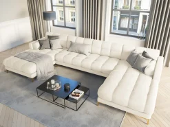 Sofá*Cosmopolitan Design - Sofá panorâmico "Bali" 7 lugares em veludo claro - 383x185x75cm Bege