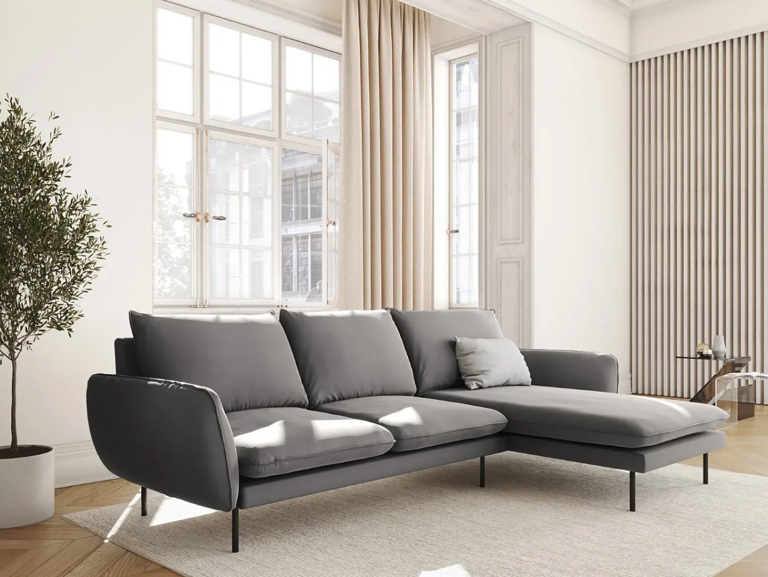 Sofá*Cosmopolitan Design - Sofá de canto direito "Vienna" 5 lugares em veludo cinza claro - 255x170x95cm Cinzento claro