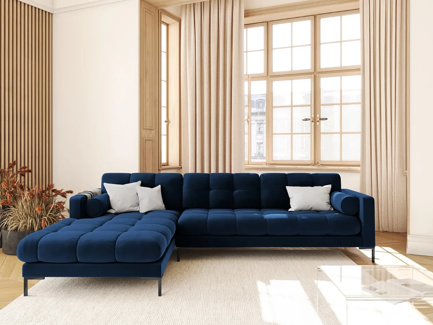 Sofá|Cosmopolitan Design - Sofá de canto esquerdo "Bali" 5 lugares em veludo azul real - 293x185x75cm Azul escuro