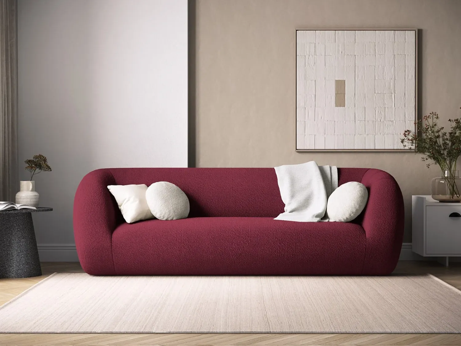 Sofá*Cosmopolitan Design - Sofá "Essen" 3 lugares em tecido bouclé - 230x95x86cm Bordeaux