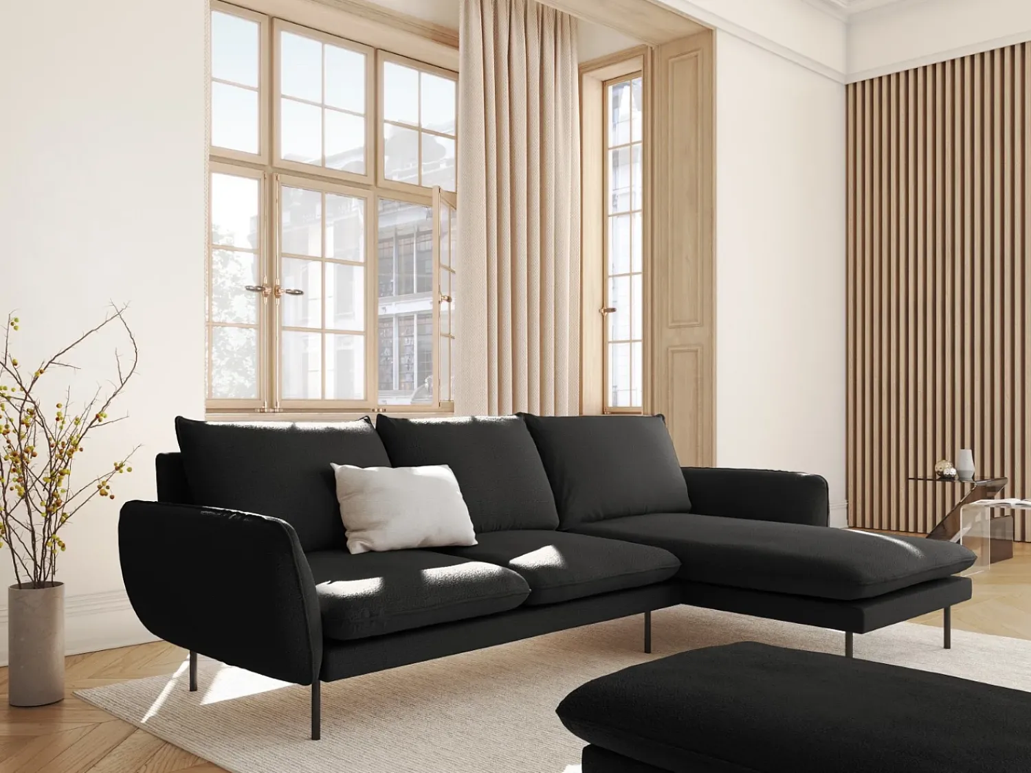 Sofá|Cosmopolitan Design - Sofá de canto direito "Vienna" 5 lugares em tecido bouclé - 255x170x95cm Preto