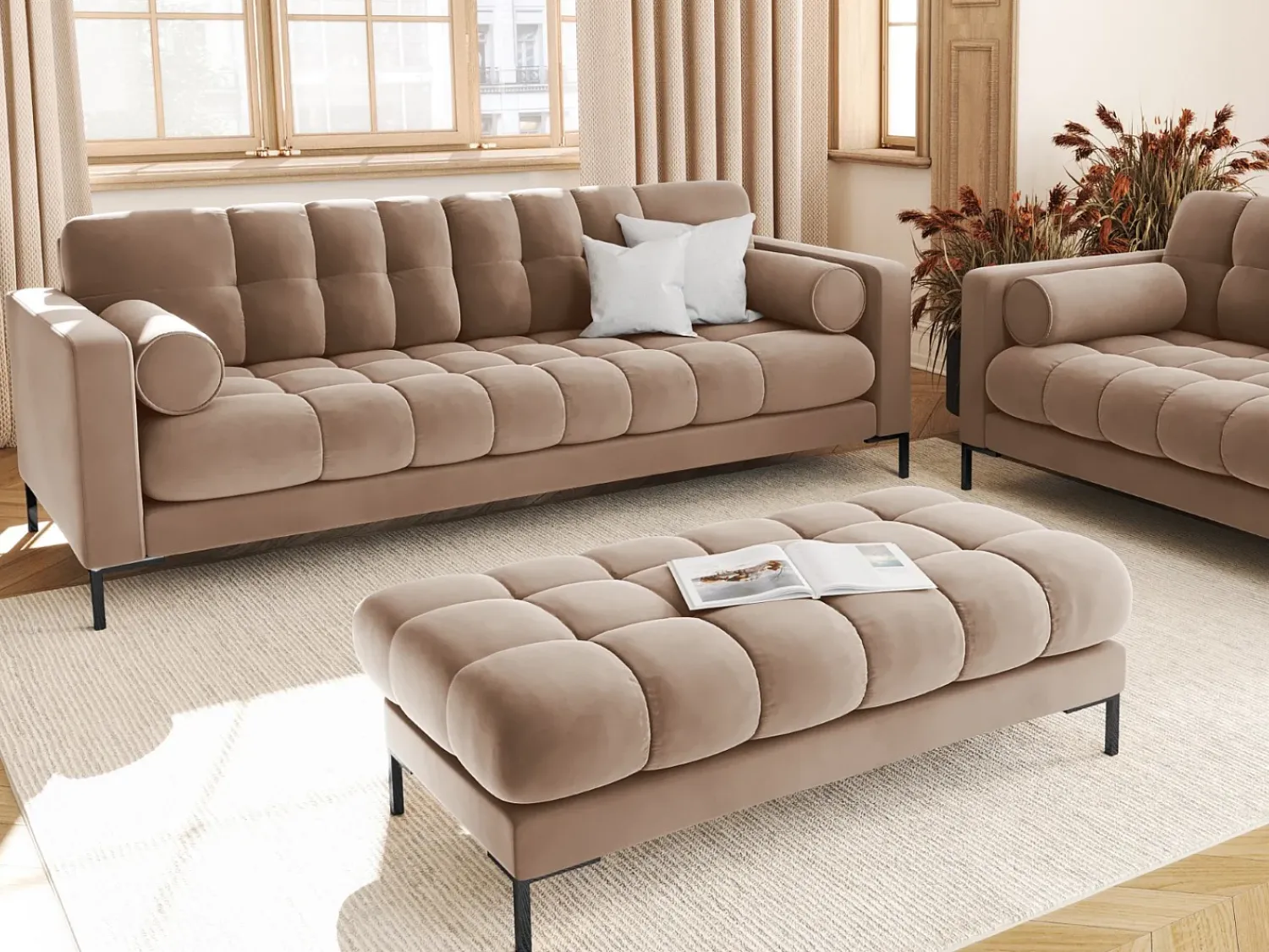 Sofá*Cosmopolitan Design - Sofá "Bali" 4 lugares em veludo - 217x92x75cm Bege