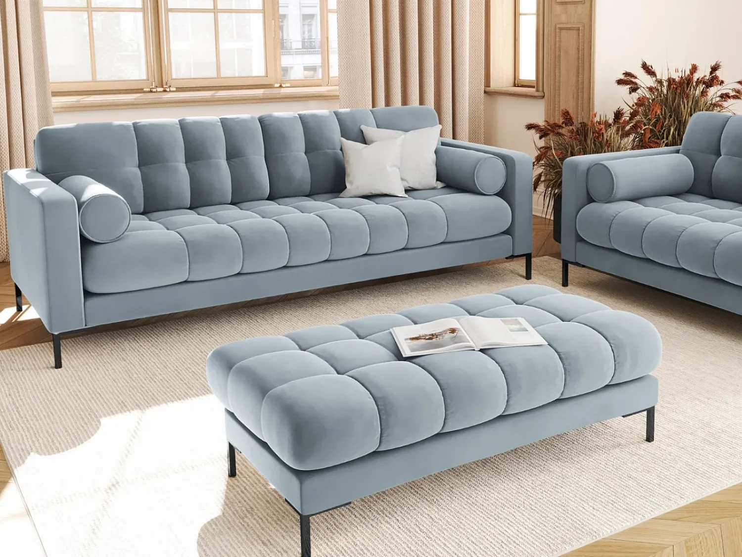Sofá|Cosmopolitan Design - Sofá "Bali" 3 lugares em veludo - 177x92x75cm Azul claro