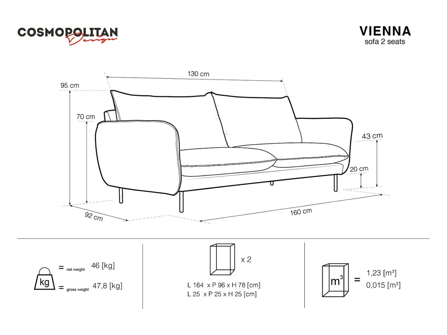 Sofá|Cosmopolitan Design - Sofá "Vienna" 2 lugares em veludo - 160x92x95cm Azul escuro