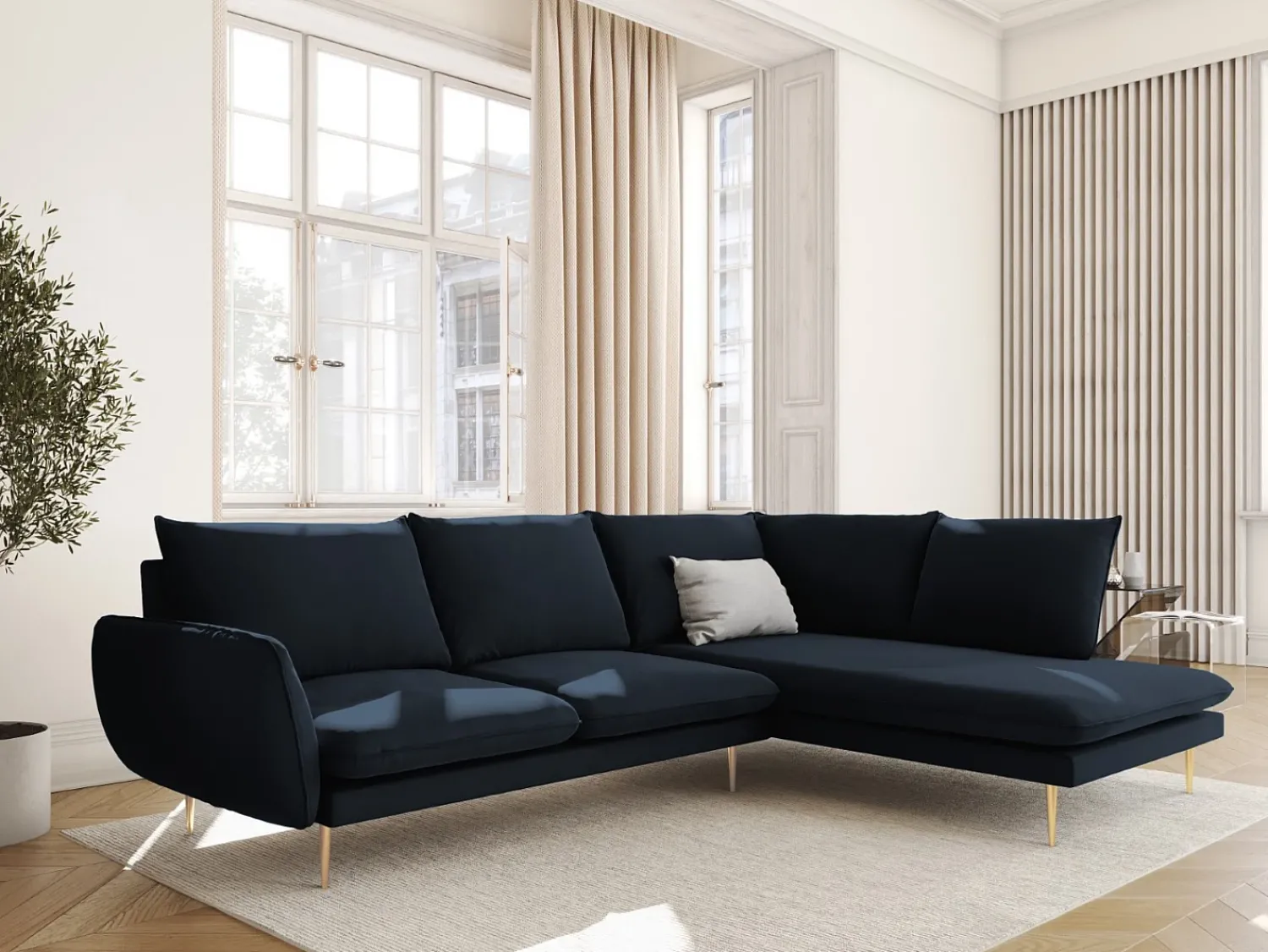 Hot Cosmopolitan Design - Sofá de canto direito "Vienna" 6 lugares em veludo - 275x185x95cm Azul escuro