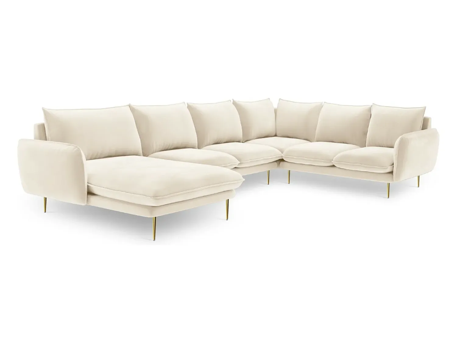 Sofá|Cosmopolitan Design - Sofá de canto direito panorâmico "Vienna" 7 lugares em veludo claro - 330x235x95cm Bege